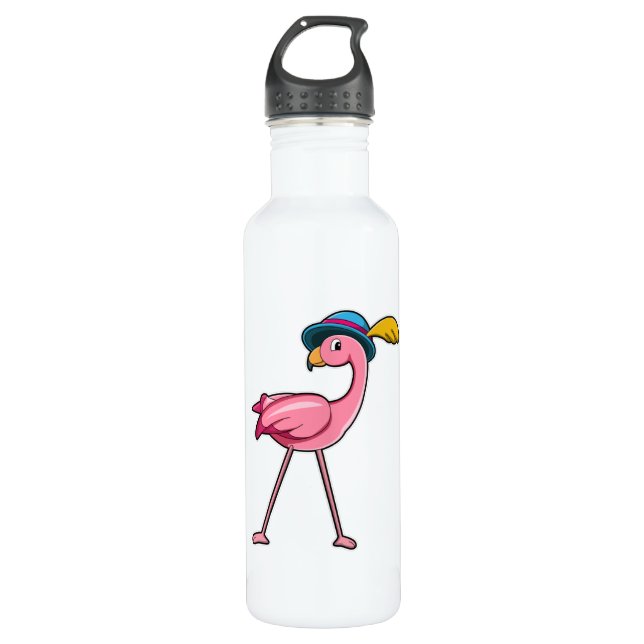 Flamingo mit Hat & Feather Edelstahlflasche (Vorderseite)