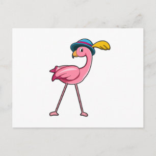 Flamingo mit Hut und Feder Postkarte