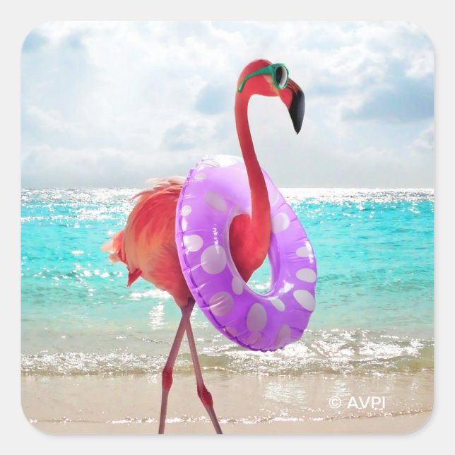 Flamingo mit Innentube Quadratischer Aufkleber (Vorderseite)