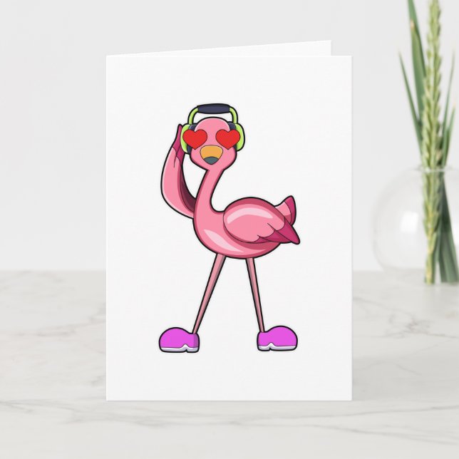 Flamingo mit Kopfhörer und Herz Karte (Vorderseite)