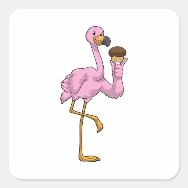 Flamingo mit Muffin Quadratischer Aufkleber (Vorderseite)