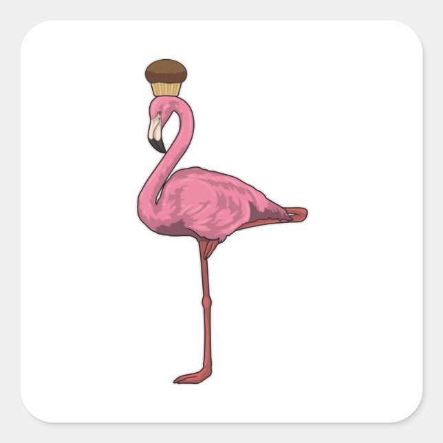 Flamingo mit Muffin Quadratischer Aufkleber (Vorderseite)