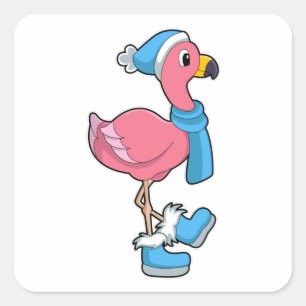 Flamingo mit Scarf & Hat Quadratischer Aufkleber