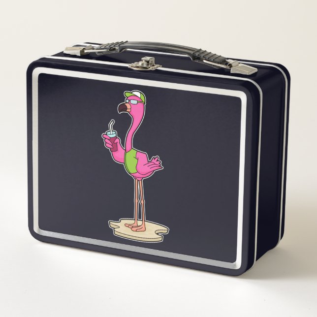 Flamingo mit Sonnenbrille & Cap Metall Brotdose (Vorderseite)