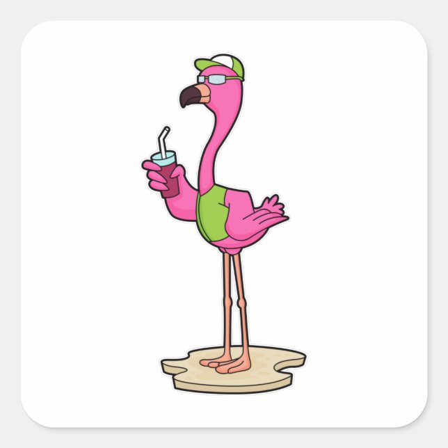 Flamingo mit Sonnenbrille & Cap Quadratischer Aufkleber (Vorderseite)