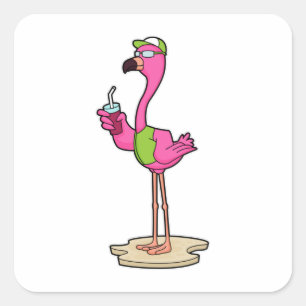 Flamingo mit Sonnenbrille & Cap Quadratischer Aufkleber