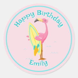 Flamingo mit Surfboard Pink Runder Aufkleber