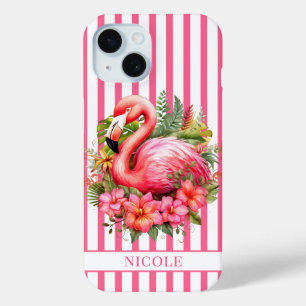 Flamingo mit tropischen Blumen auf Streifen Case-Mate iPhone Hülle