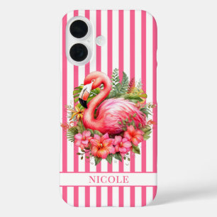 Flamingo mit tropischen Blumen auf Streifen iPhone 16 Hülle
