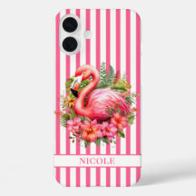 Flamingo mit tropischen Blumen auf Streifen