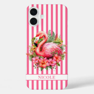 Flamingo mit tropischen Blumen auf Streifen iPhone 16 Plus Hülle