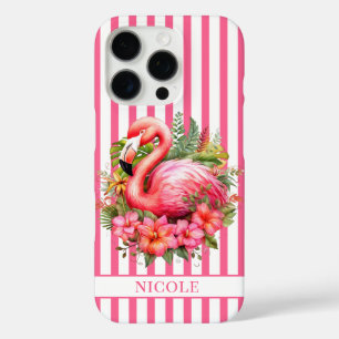 Flamingo mit tropischen Blumen auf Streifen iPhone 16 Pro Hülle