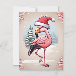 Flamingo mit Weihnachtsmannmütze neben Weihnachtsb Postkarte