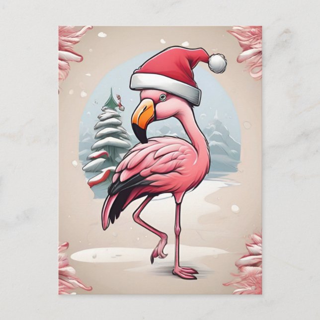 Flamingo mit Weihnachtsmannmütze neben Weihnachtsb Postkarte (Vorderseite)