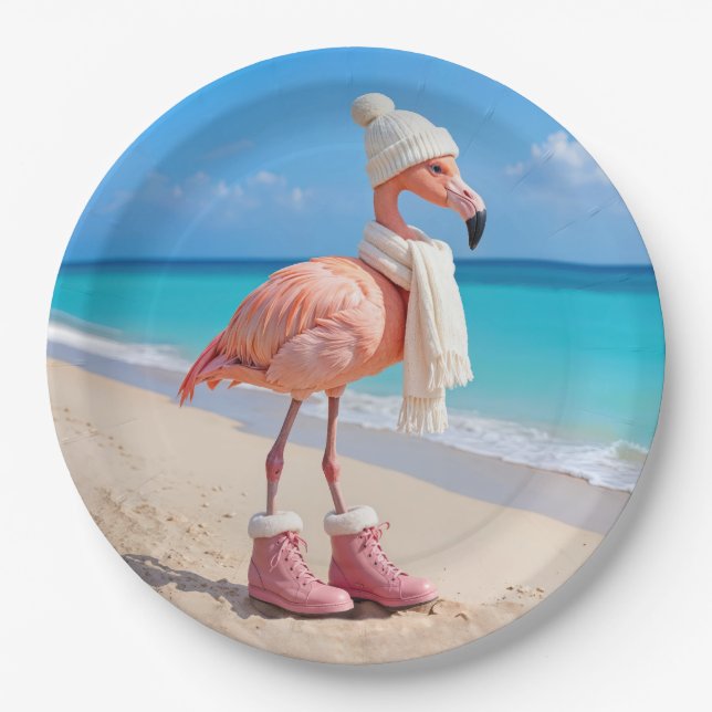 Flamingo mit Winter-Schal und Hut Pappteller (Vorderseite)