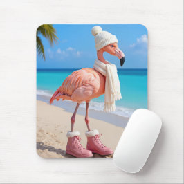 Flamingo mit Winter-Schal und Stiefeln Mousepad