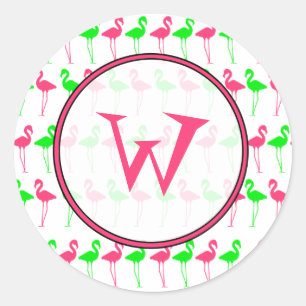 Flamingo-Monogramm-Aufkleber-- rosa und grünes Runder Aufkleber