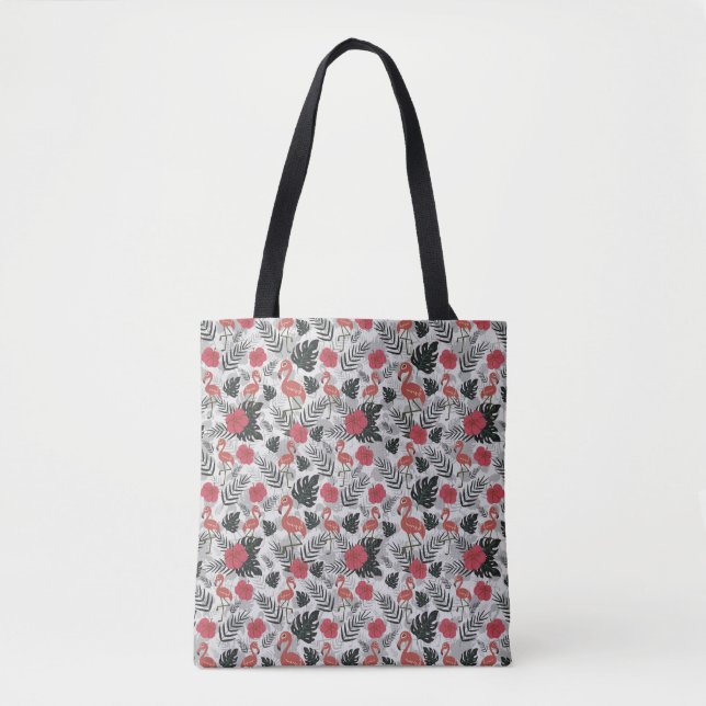 Flamingo nahtloses Muster mit blumengeschmücktem H Tasche (Vorderseite)