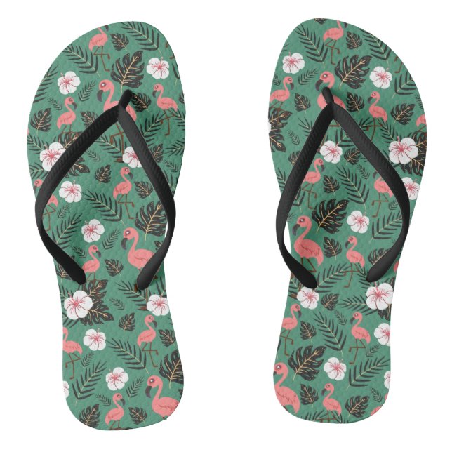 Flamingo nahtloses Muster rosa auf grünem Hintergr Flip Flops (Fußbett)