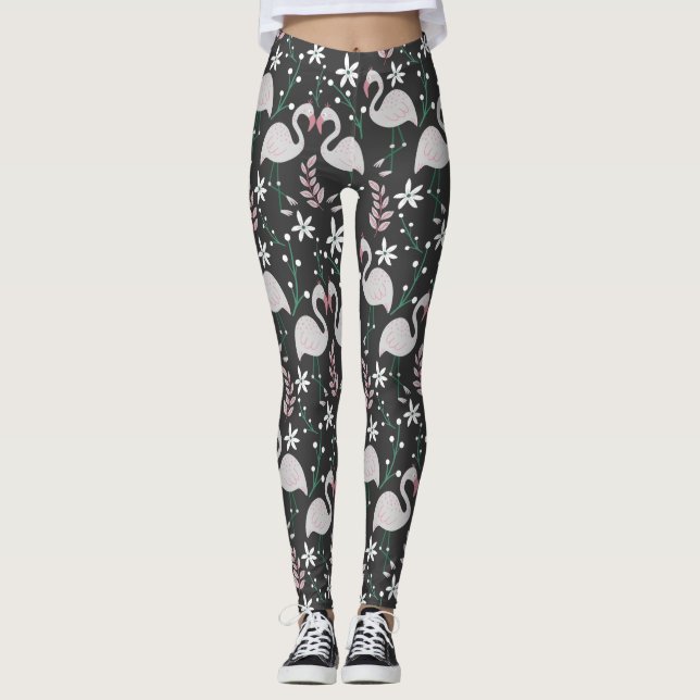 Flamingo nahtloses Muster weiß auf dunklem Hinterg Leggings (Vorderseite)
