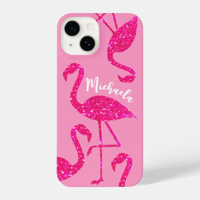 Flamingo Neon rosa Glitzern Personalisieren Sie Ih iPhone 14 Hülle (Rückseite)