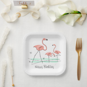Flamingo Ocean Trio 2 Happy Birthday Square Pappteller