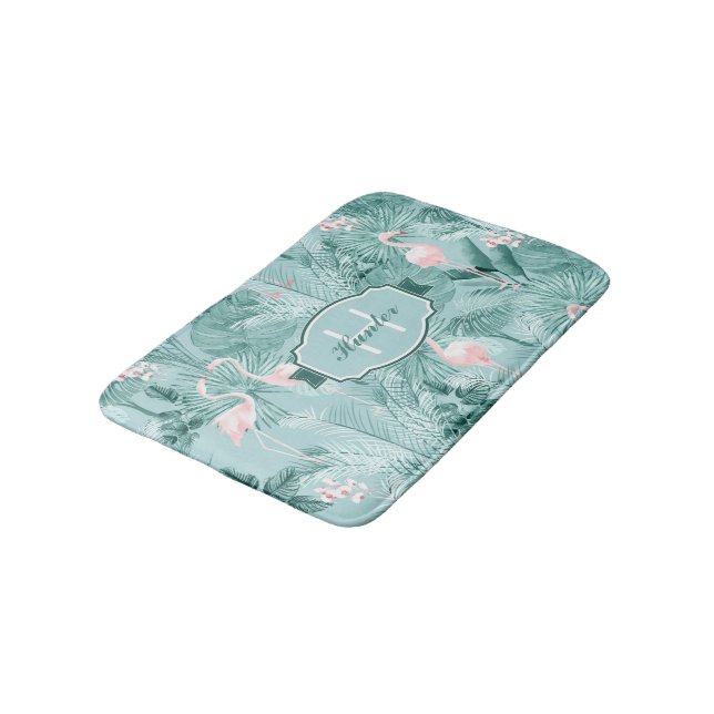 Flamingo Orchid Tropical Pattern Aquamarin ID868 Badematte (Schrägansicht)