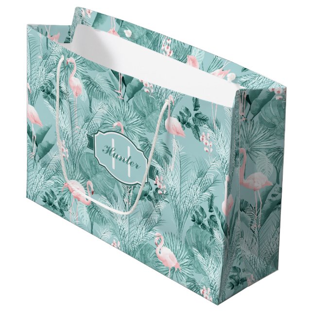 Flamingo Orchid Tropical Pattern Aquamarin ID868 Große Geschenktüte (Vorderseite Schrägansicht)