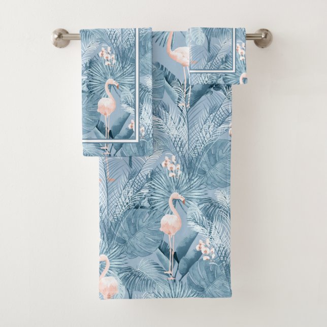 Flamingo Orchid Tropical Pattern Blue ID868 Bath T Badhandtuch Set (Insitu)