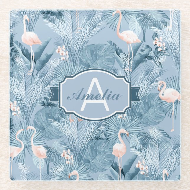 Flamingo Orchid Tropical Pattern Blue ID868 Glasuntersetzer (Vorderseite)