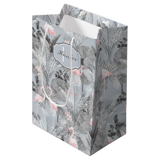 Flamingo Orchid Tropical Pattern Gray ID868 Mittlere Geschenktüte (Vorderseite Schrägansicht)