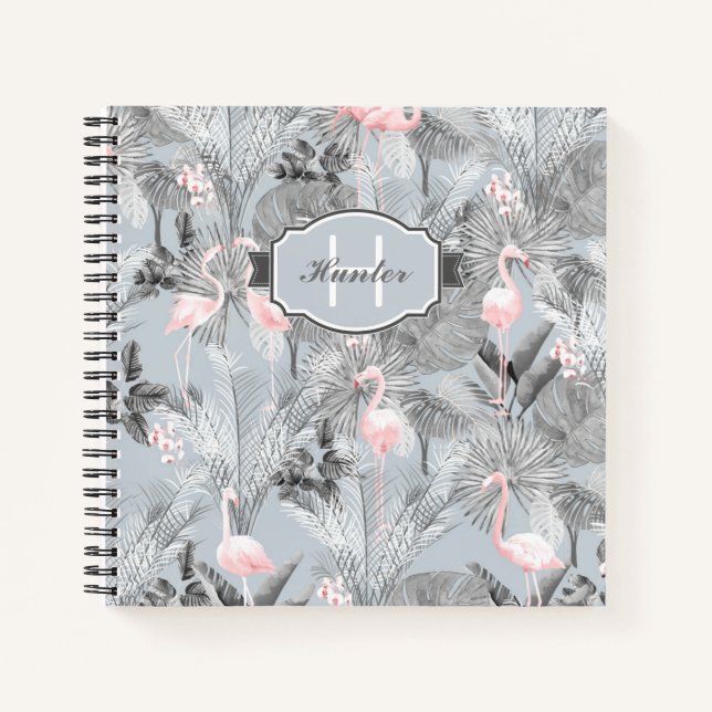 Flamingo Orchid Tropical Pattern Gray ID868 Notizbuch (Vorderseite)