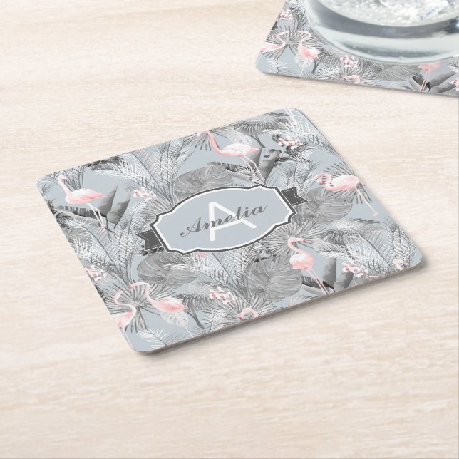 Flamingo Orchid Tropical Pattern Gray ID868 Rechteckiger Pappuntersetzer (angewinkelt)