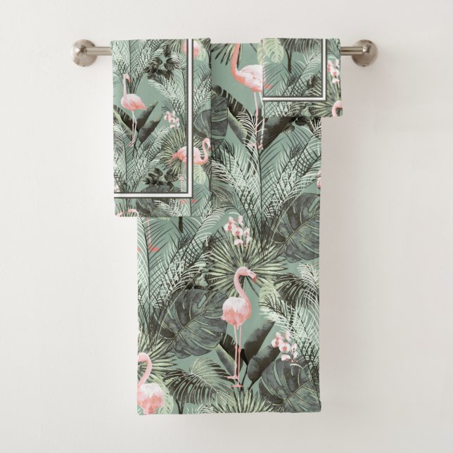Flamingo Orchid Tropical Pattern Sage ID868 Badhandtuch Set (Insitu)