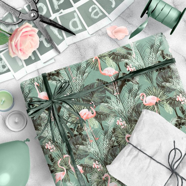 Flamingo Orchid Tropical Pattern Sage ID868 Geschenkpapier (Von Creator hochgeladen)