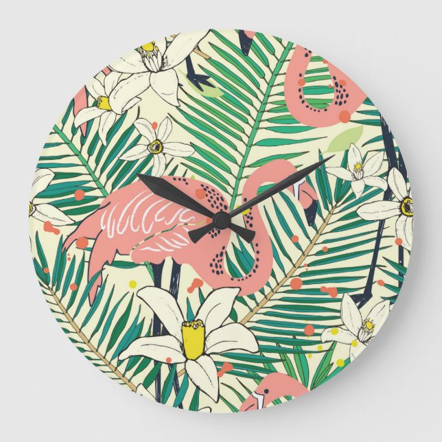 Flamingo Palm Blätter: Tropisch Vintag Große Wanduhr (Vorderseite)