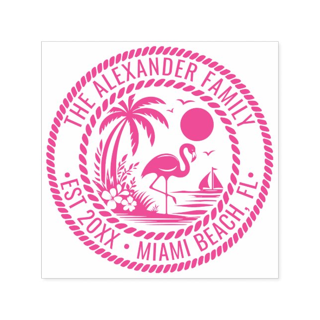 Flamingo Palm Tree Boat Familienname Datum Est Loc Permastempel (Design)