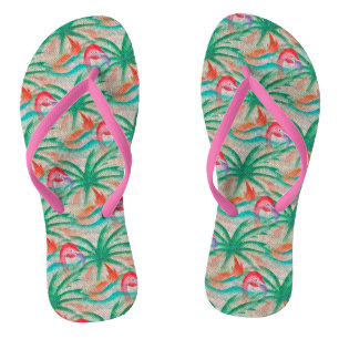 Flamingo Palm Tree Burlap Look Flip Flops