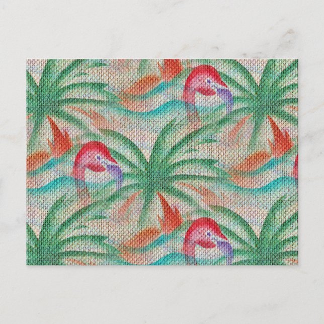 Flamingo Palm Tree Burlap Look Postkarte (Vorderseite)