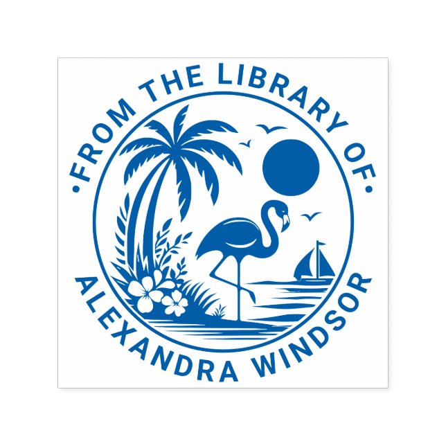 Flamingo Palm Tree Sailboat Library Name Permastempel (Design)