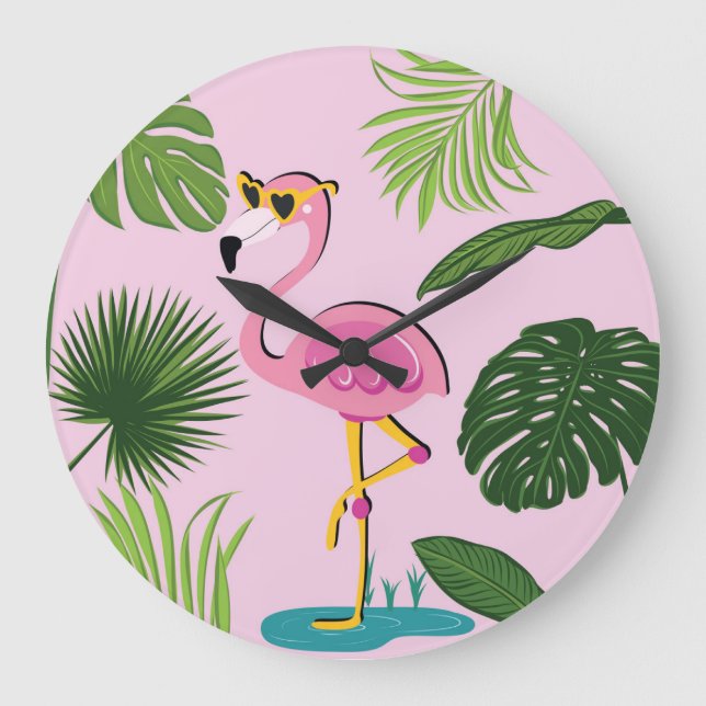 Flamingo Palm Verlasse tropisches Design Große Wanduhr (Vorderseite)