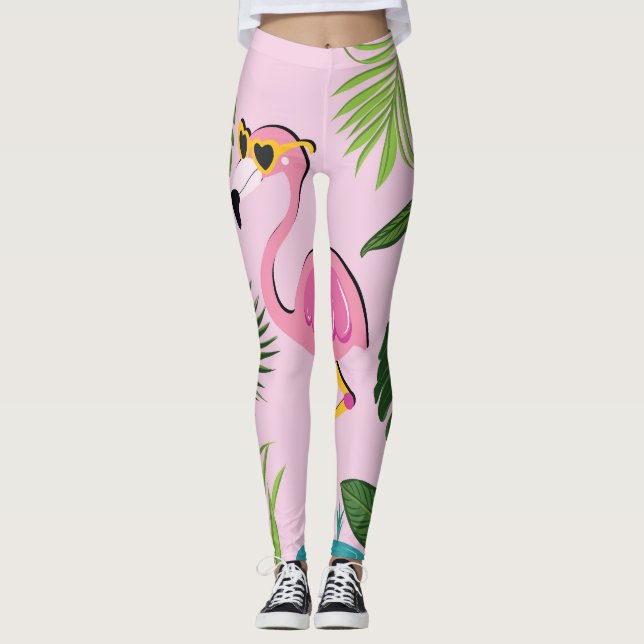 Flamingo Palm Verlasse tropisches Design Leggings (Vorderseite)