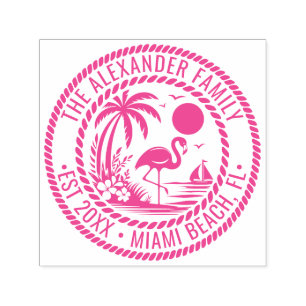 Flamingo-Palmenbaum-Boot-Familienname-Datum-Gegrün Permastempel