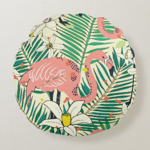 Flamingo-Palmenblätter: Tropisch Vintage Rundes Kissen