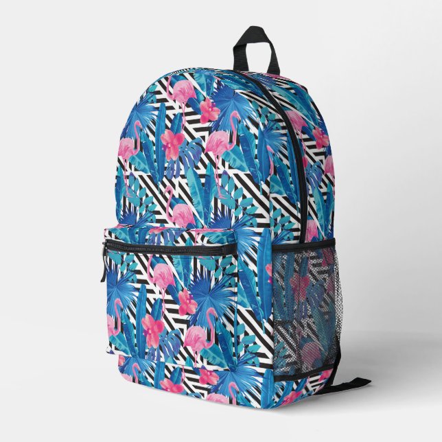 Flamingo & Palms auf geometrischem Muster Bedruckter Rucksack (Rückseitige Ecke Rechts)