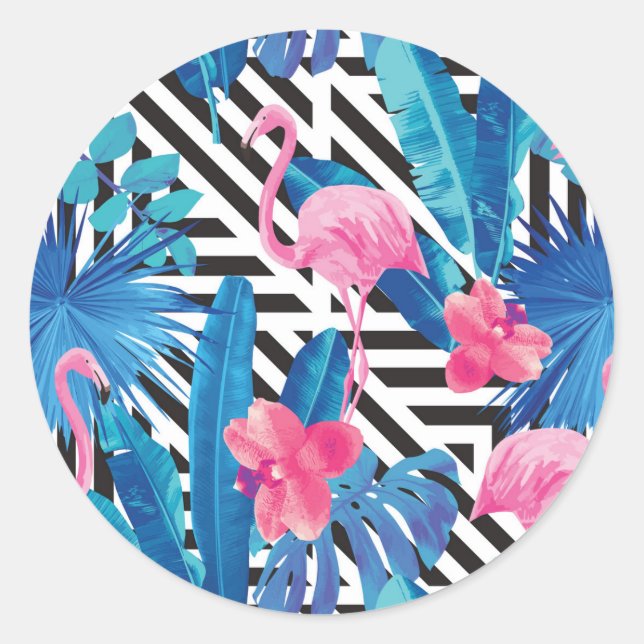 Flamingo & Palms auf geometrischem Muster Runder Aufkleber (Vorderseite)