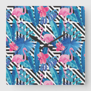 Flamingo & Palms on Geometric Pattern Quadratische Wanduhr