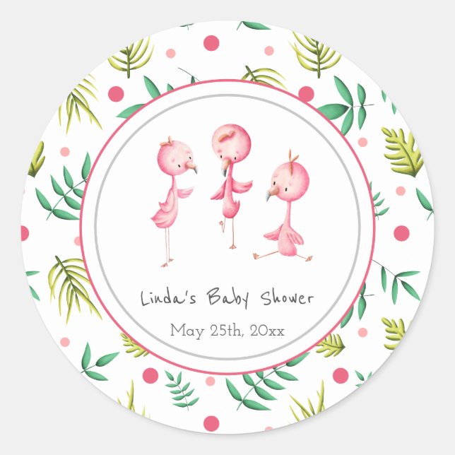 Flamingo Party Personalisiert Baby Dusche Runder Aufkleber (Vorderseite)
