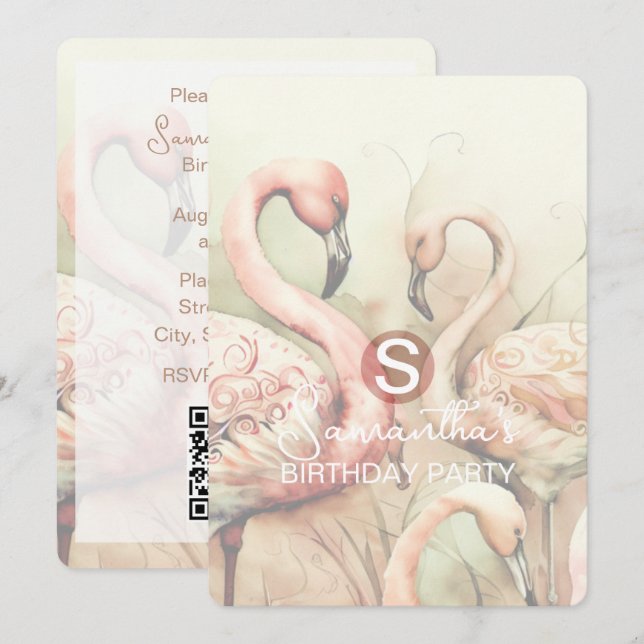Flamingo-Party-Thema, QR-Code, Benutzerdefiniert Einladung (Vorne/Hinten)