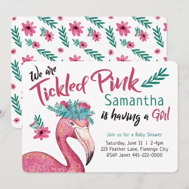 Flamingo Pink Baby Dusche gekitzelt Einladung (Vorne/Hinten)